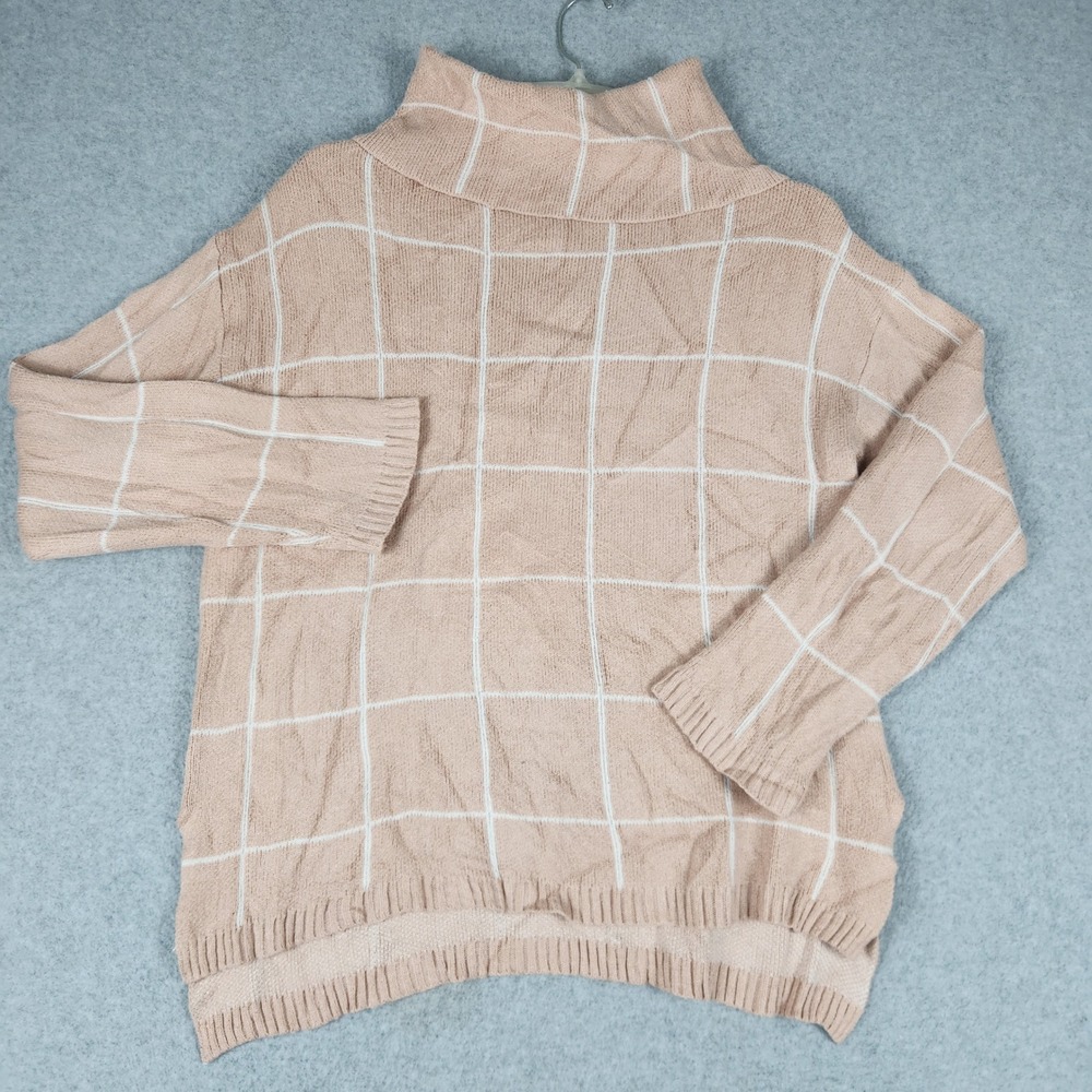 KIRUNDO Sweater Womens‎ M Beige Windowpane Plaid Knit High-Low Slit Turtleneck